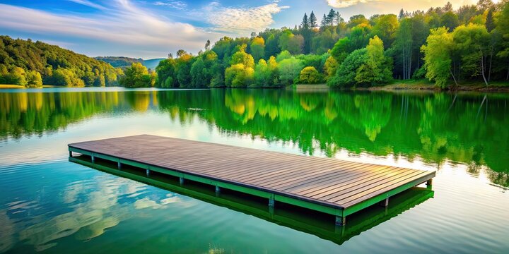 Green floating dock platform showcasing products at serene lake, green, dock, platform, showcase, products, lake