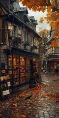 Fototapeta premium An idyllic street scene featuring a charming bookstore and autumn leaves scattered on the cobblestone path, evoking a cozy and nostalgic atmosphere.