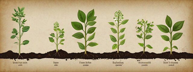 Illustration of the growth stages of a seedling from sprouting to mature plant, showing the progression in a clear, educational style.