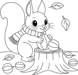 Squirrel gathering nuts for winter outline coloring page. Thanksgiving hand drawn colouring
