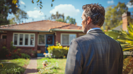 Real Estate Agent Examining Vacant Homes for Sale in Residential Neighborhood