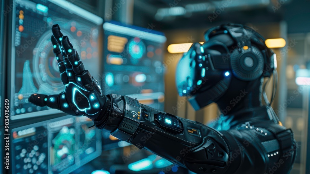 Aufkleber a futuristic cyborg wearing a vr headset interacts with computer screens in a high-tech environment.