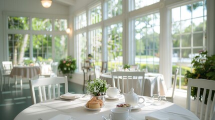 A serene tea room featuring delicate china and gourmet sandwiches, bathed in soft natural light.