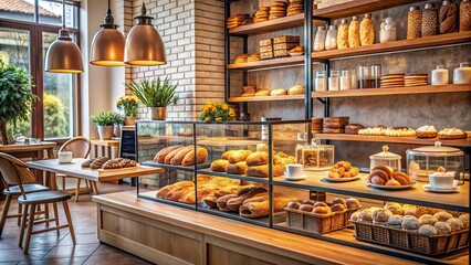 Cozy and beautiful bakery with pastries and coffee on display, bakery, cozy, beautiful, pastries, coffee, display