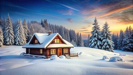 Charming winter house surrounded by snow-covered landscape, cozy, snow, cabin, home, warm, welcoming, winter, chilly
