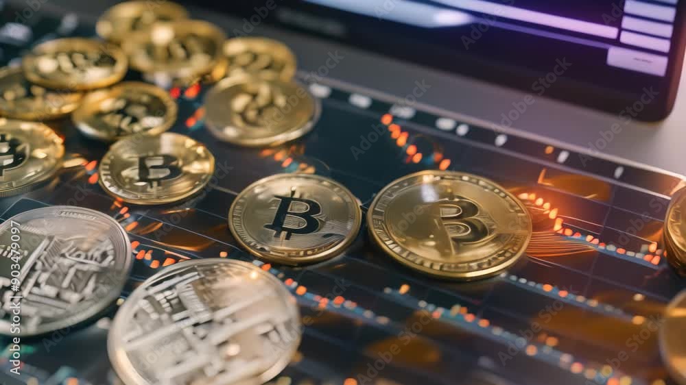 Poster a collection of bitcoins neatly stacked on a table surface, portray the potential for financial auto