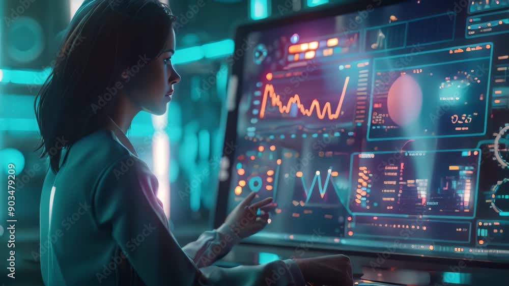 Poster a woman focused on a computer screen, possibly working or browsing online, produce a 3d rendering of