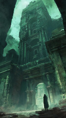 A towering, ancient stone structure rises into a misty, greenish sky. The colossal architecture features impressive, intricate details with large arches and columns, enveloped in an eerie, mysterious 