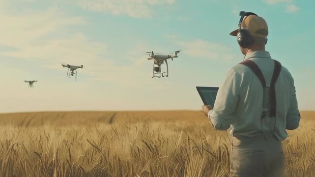 A young caucasian man wearing a cap and headphones monitors drones flying over a golden wheat field using a tablet at sunset. The serene evening light adds a warm glow to the scene.