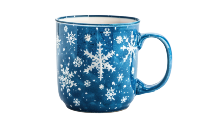 Blue mug with snowflakes on transparent background