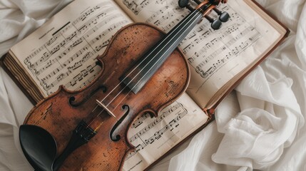 A rustic violin rests elegantly on an open music book, surrounded by soft white fabric, embodying a serene and classical atmosphere.