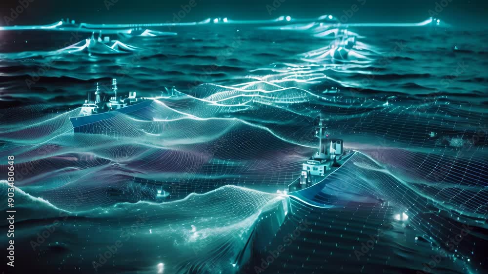 Poster a digital video of a ship navigating through the sea with radar data in the background, radar data d