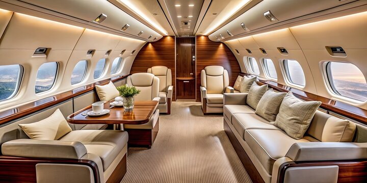 Luxurious first class cabin interior in a luxury plane, luxury, travel, aviation, comfort, high-end, exclusive