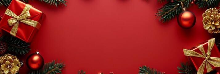 Festive Christmas banner web poster, header for website, colorful decorative decorations. Horizontal format New Year border poster. Xmas holiday background