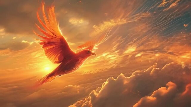 A magnificent phoenix with fiery wings soars across a vibrant sunset sky, leaving a trail of flames in its wake. The mythical bird is surrounded by golden clouds, creating an otherworldly scene.