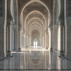 Fototapeta premium Majestic Interior of an Ornate Marble Hallway with Arched Columns and Intricate Patterns