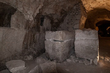 Two  preserved sarcophagi stand in one of the halls in ancient burial ground of Beit Shearim Necropolis near Kiryat Tivon city in northern Israel