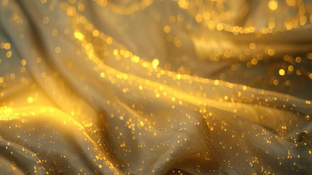 Detailed view of a fabric covered in sparkling gold glitters, Radiant gold specks scattered on a soft, velvety backdrop
