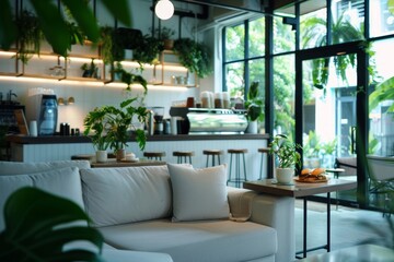 A cozy cafe offering green tea and artisanal sandwiches, set in a relaxed setting with soothing tones. 