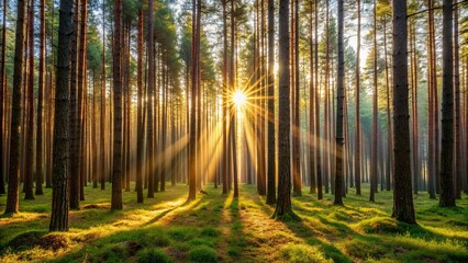 Obraz premium Sunlight beams through a dense European pine forest , Nature, trees, sunlight, beams, forest, natural beauty, tranquil