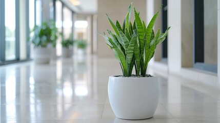 Fototapeta premium Elegant and modern corporate office interior with a bright light filled environment and lush greenery in minimalist office decor