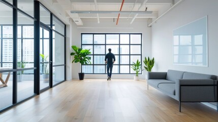 Fototapeta premium Spacious and Bright Urban Office with Contemporary Design and Large Windows Providing a Panoramic View of the City