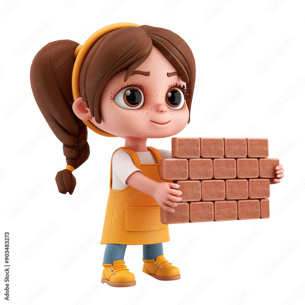 Poster 3d icon - girl holding brick wall, on isolated transparent background