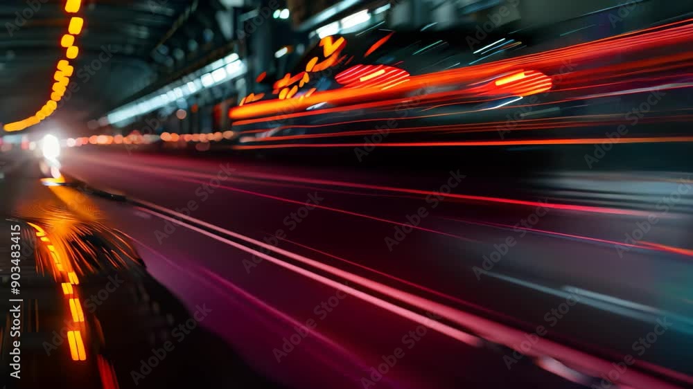 Aufkleber a car speeds through a tunnel, creating a blur effect on the shiny walls as reflections of passing v