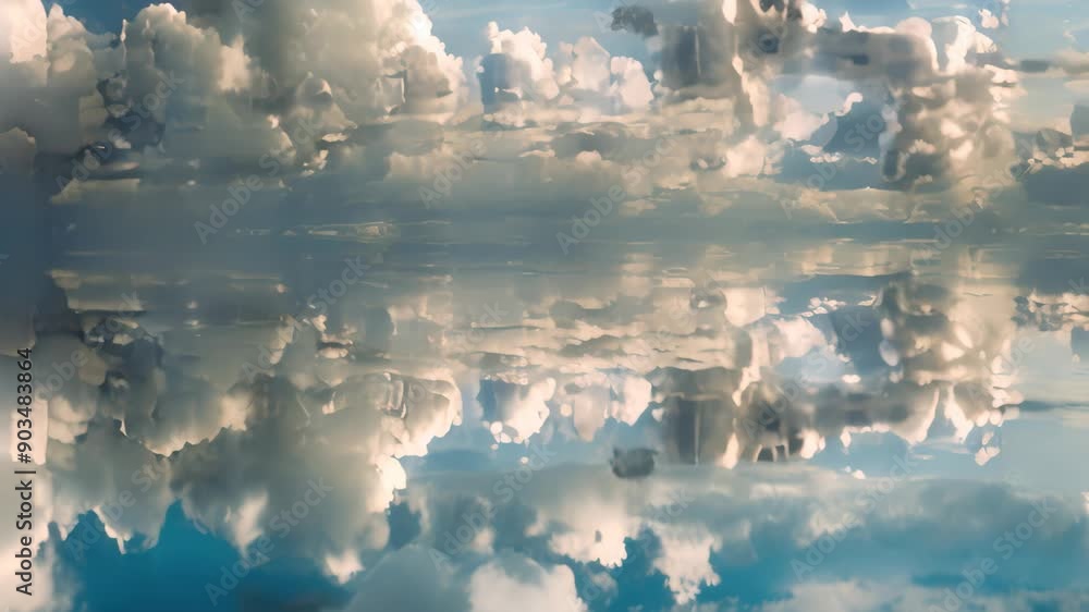 Poster a large body of water reflecting clouds in the sky, reflective clouds creating a mirror effect on th