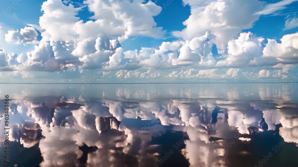 Poster a significant body of water mirroring the clouds in the sky, reflective clouds creating a mirror eff