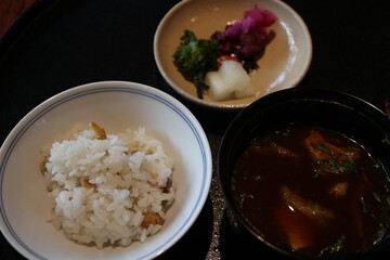 Japanese cuisine : Rice, miso soup and vegetable pickles in Kyoto, Japan