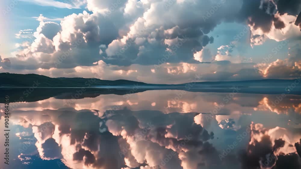 Poster large body of water reflecting clouds in the sky, reflective clouds creating a mirror effect on the 