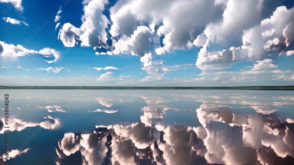 Poster a vast body of water reflecting clouds, creating a scenic view, reflective clouds creating a mirror 