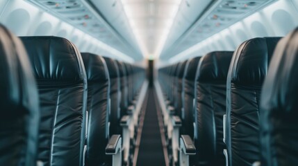 Naklejka premium Passenger Comfortably Settling into Aisle Seat of Commercial Aircraft Interior with Spacious Legroom and Scenic Cabin View for Relaxing Travel Journey