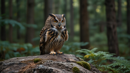 great horned owl perched on a rock
