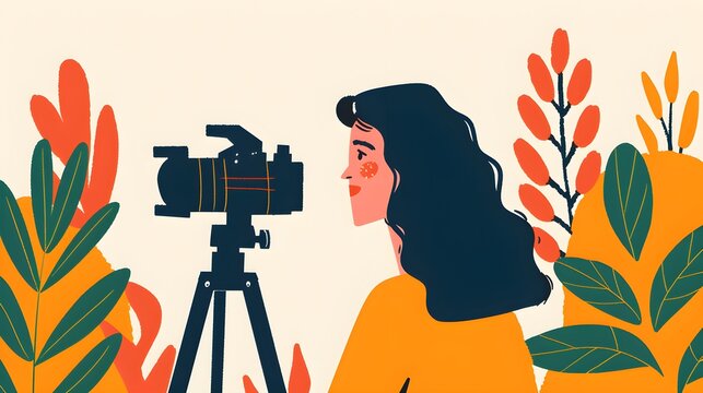A woman is sitting in a forest with a camera on a tripod