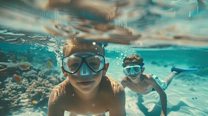 Naklejka premium A boy wearing a diving mask enjoys watching fish underwater and travel tips.