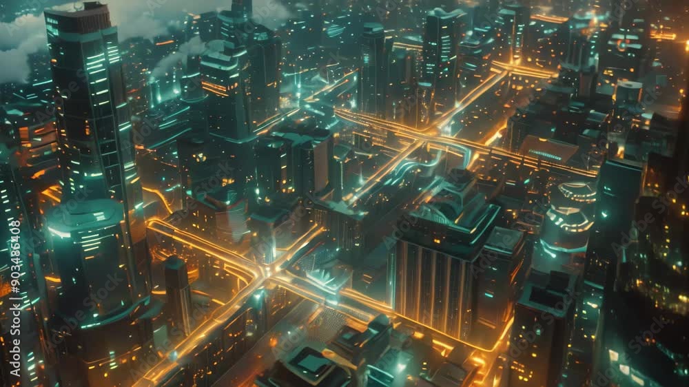 Poster aerial view of city at night, render a futuristic cityscape with interconnected devices and data str