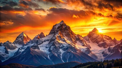 Obraz premium Sunset casting a warm glow over majestic mountain peaks , sunset, mountains, nature, scenic, dusk, colorful, sky, sunlight