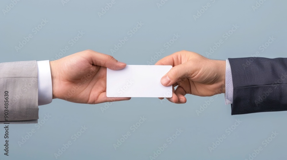 Poster close up of two hands shaking in a formal business handshake while one person is handing over a busi