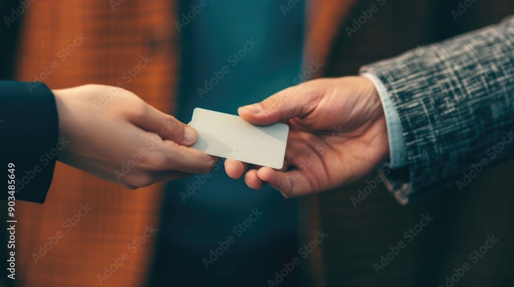 Poster close up view of hands exchanging business cards during a professional networking session or busines