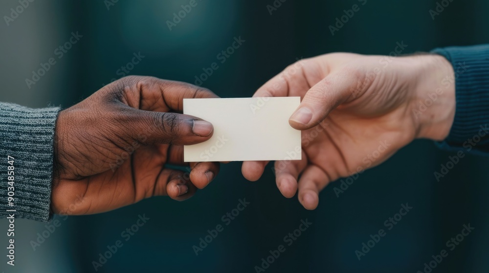 Poster close up shot of two professionals or businesspeople exchanging or passing their business cards with