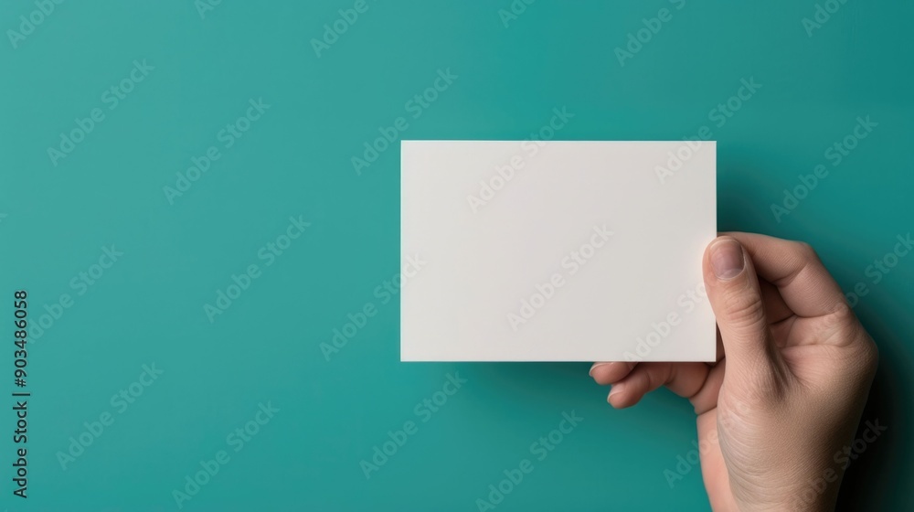 Poster closeup of a minimalist white business card mockup being presented in a hand against a teal backgrou
