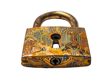 Golden padlock with integrated electronic circuit isolated on transparent background