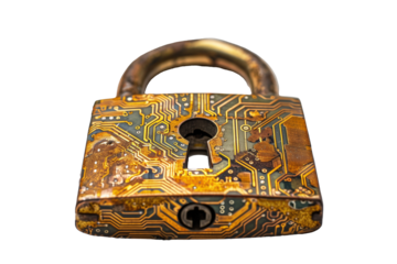 Golden padlock with integrated electronic circuit isolated on transparent background