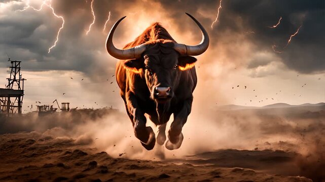 A mighty bull charges through a stormy landscape, illuminated by flashes of lightning and surrounded by swirling dust, representing unstoppable force and raw power. This dramatic image captures the es