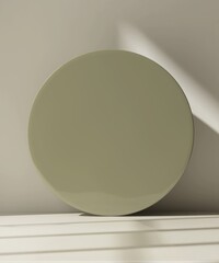 Empty space in shelf with modern shiny olive green abstract circle in background in sunlight on cream white wall luxury organic cosmetic, skincare, body care, beauty product 3D