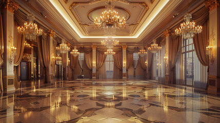 Obraz premium Elegant ballroom with chandeliers, grand staircase, and guests in formal attire, luxurious setting, high detailHighly detailed , 8K