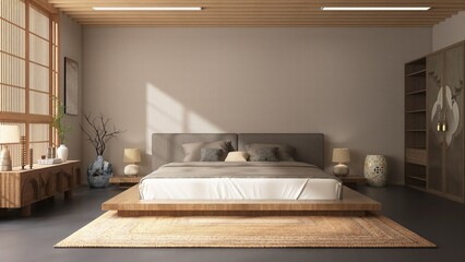 Luxury, minimal oriental bedroom with wooden platform bed on rattan rug, cabinet, wardrobe in sunlight from brown shoji window for modern asian interior design decoration and architecture 3D