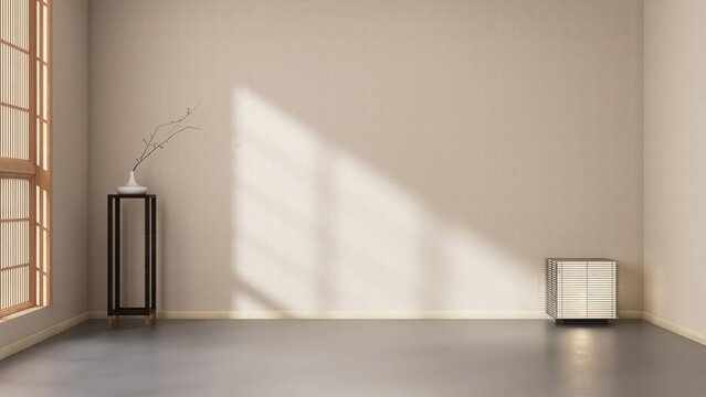 Empty minimal, modern oriental Japanese style living room with beige wallpaper wall, tree twig in white vase in sunlight from shoji window for interior design decoration, product background 3D